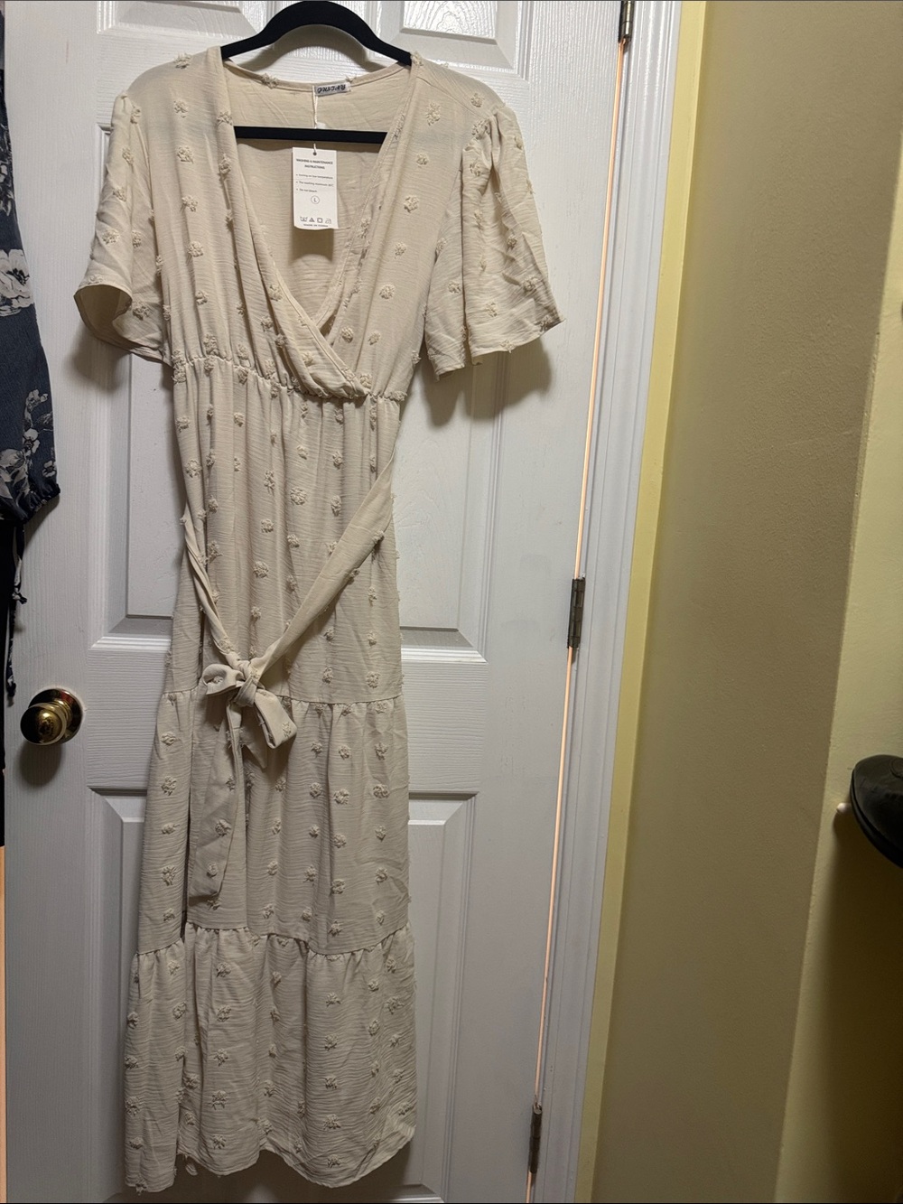 Tie-Waist Cream Midi Dress with Textured Dot Detail